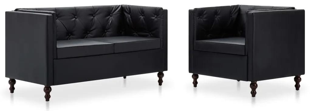 Set canapele, 2 piese, negru, tapiterie din piele artificiala Negru, 1 loc + 2 locuri