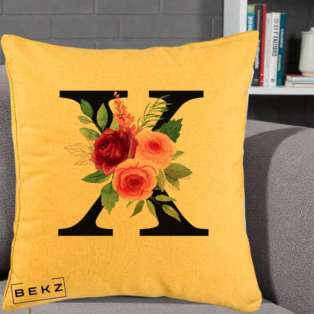 Cadou Personalizat - Perna Personalizata Monograma Florala Litera X cu Buchet, 40x40 cm, Galben, Husa Detasabila, Perna Inclusa, BEKZ®