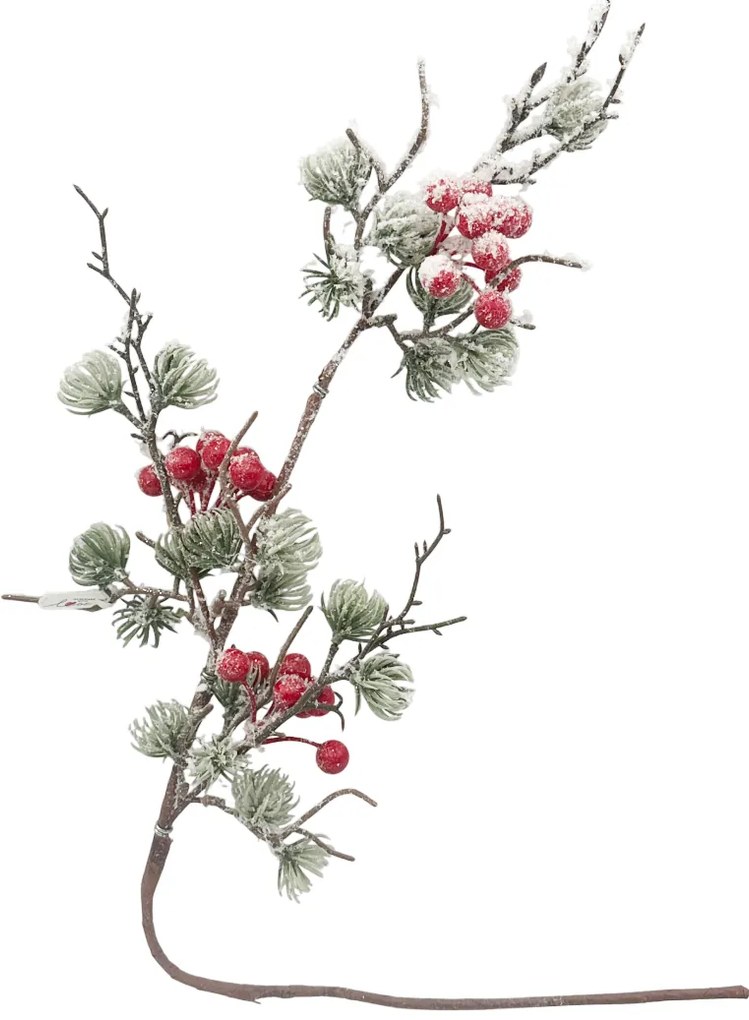 Ramura decorativa cu bobite rosii  si ace verzi ninse BRIGHT, 70cm