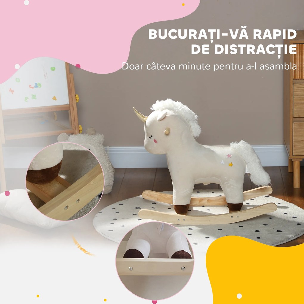 AIYAPLAY Cal Balansoar pentru Copii 2-4 Ani în Formă de Unicorn cu Sunete și Înveliș Moale, 63x33x56 cm, Alb | Aosom Romania