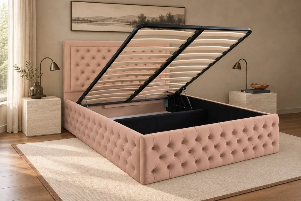 Pat tapițat Chesterfield din catifea Ophelia Deluxe 200×200 cm, cappuccino, cu ladă de depozitare