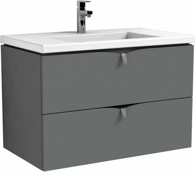 Set dulap baza suspendat gri cu 2 sertare Oristo Siena si lavoar din compozit Amelia 80 cm