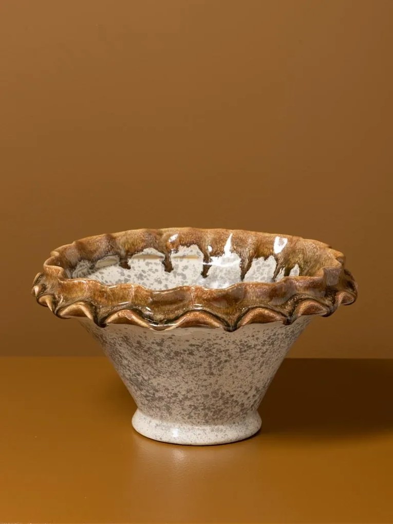 Bol pentru fructe din ceramică natur cu margini sculptate ondulat, maro, 18,5 × 33,5 cm, „Corola"