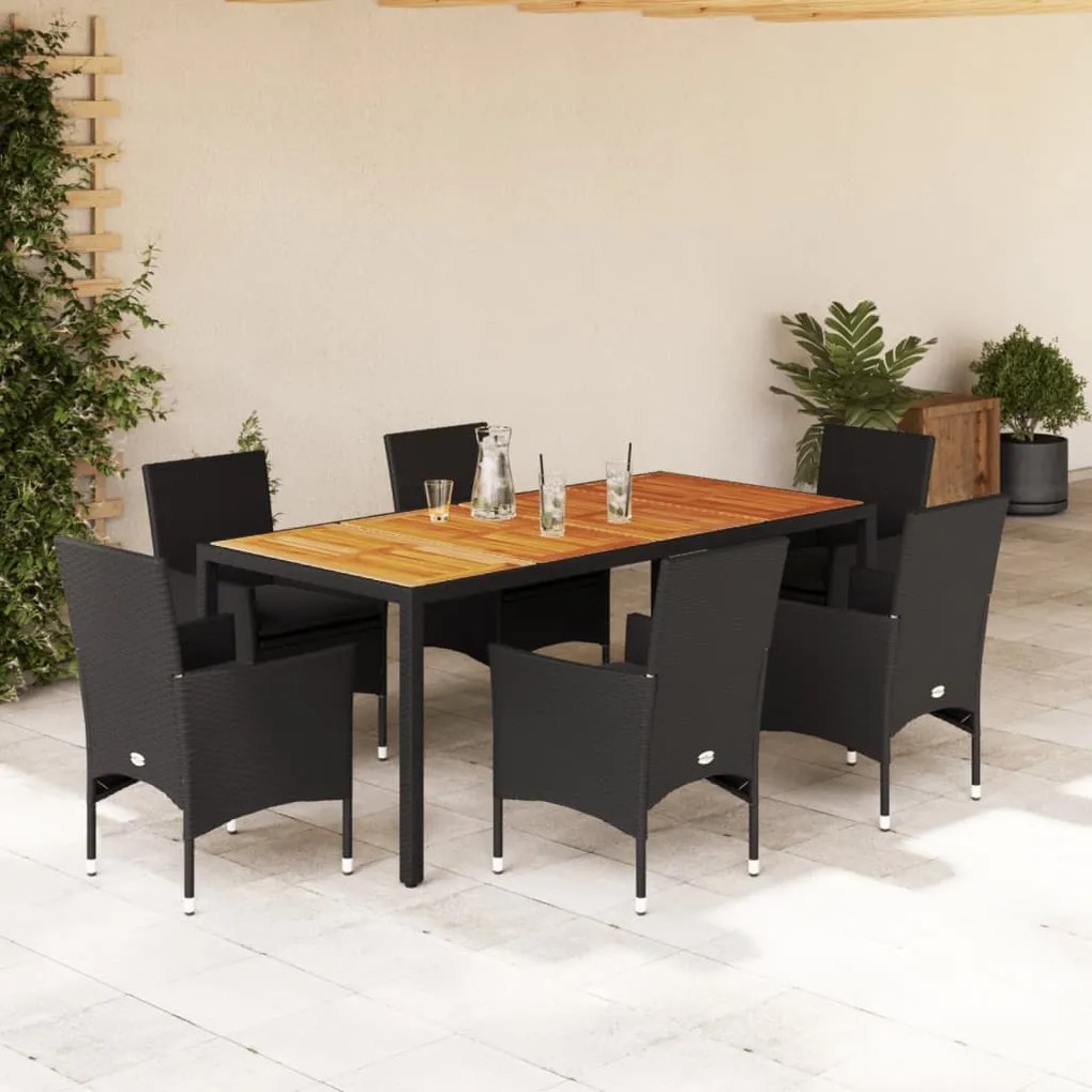 3278673 vidaXL Set mobilier grădină perne 7 piese negru poliratan/lemn acacia