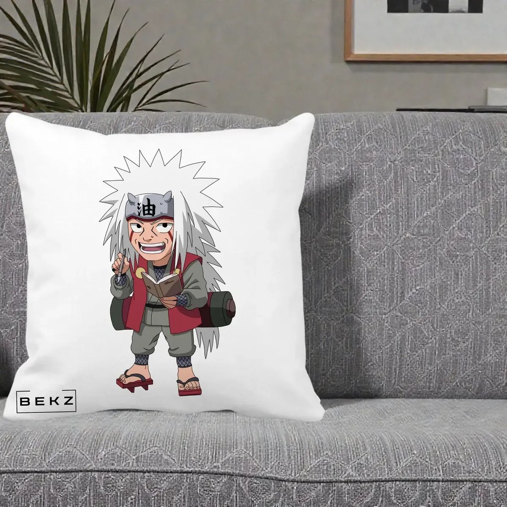 Perna Personalizata Naruto Jiraiya Sensei Chibi, 40x40 cm, Alba Mata, Husa Detasabila, Perna Inclusa, BEKZ®