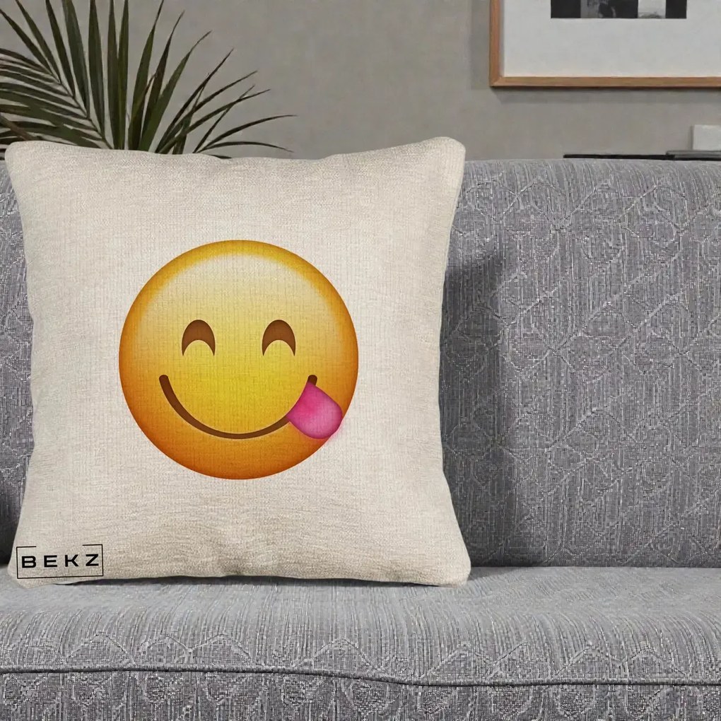 Perna Decorativa Emoji Limba Scoasa, 40x40 cm, Bej Canapea, Husa Detasabila, Perna Inclusa, BEKZ®