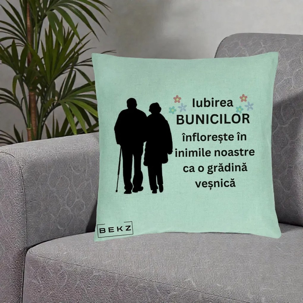 Cadou pentru Bunici - Perna Personalizata Bunicii Iubirea Infloreste Silueta Neagra Flori, 40x40 cm, Verde Menta, Husa Detasabila, Perna Inclusa, BEKZ®