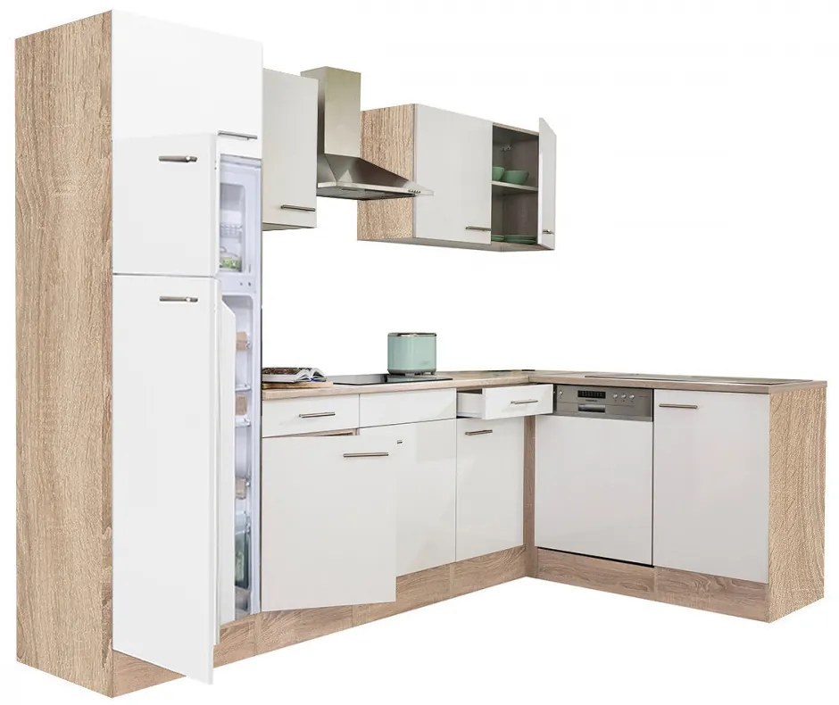 Dulap de bucătărie de colț Yorki 280, corp din stejar Sonoma, față alb satinat, frigider cu congelator superior