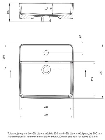Deante CGS_6U4B - Lavoar pe blat cu orificiu SQUARE 42x42 cm ceramică/ alb