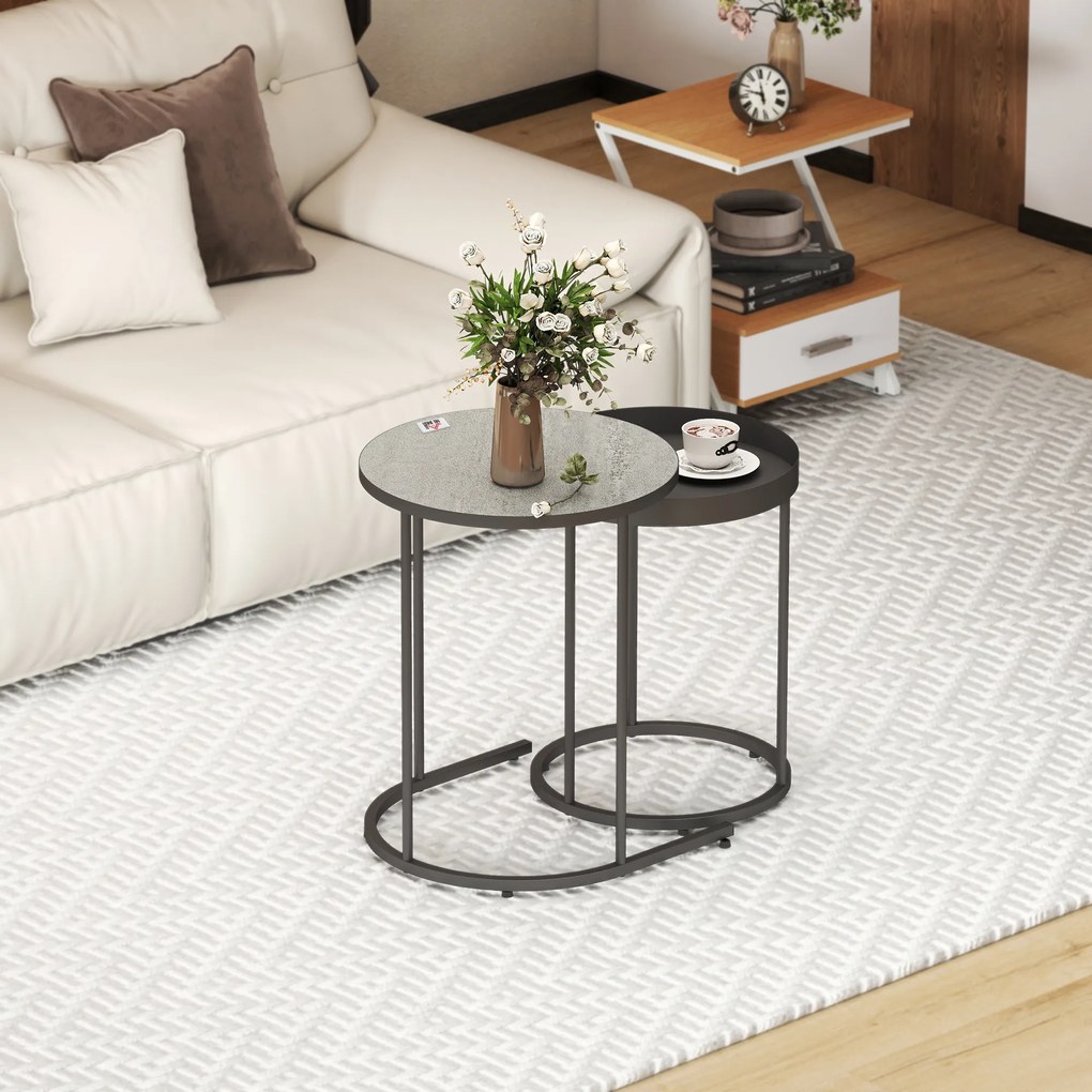 HOMCOM Set de 2 Măsuțe de Cafea în Stil Industrial, din Lemn și Metal, Ø42x54 cm și Ø36.5x48.5 cm, Gri și Negru | Aosom Romania