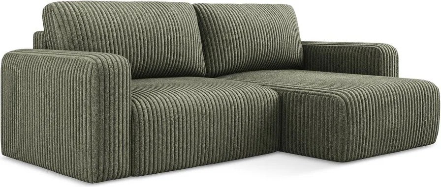 Colțar verde extensibil/cu spațiu de depozitare cu tapițerie din catifea reiată (cu colț pe partea dreaptă/cu șezlong) Kona – Makamii