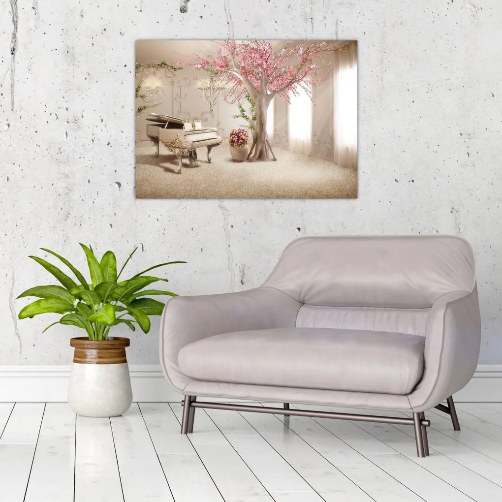 Tablou pe sticlă - Interior de vis cu pian (70x50 cm)