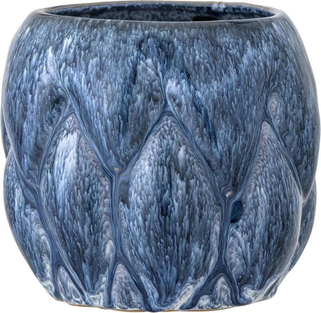 Ghiveci din ceramică, albastru, suprafață sculpturală segmentată, glazură cu efect marmorat, 14 x 15 cm, „Posey”