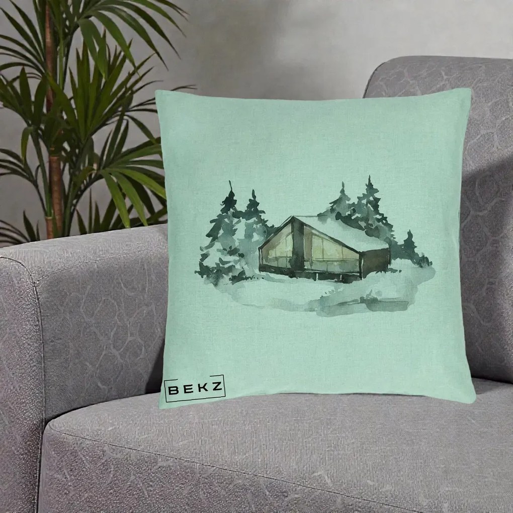 Perna Decorativa Cabana de Iarna in Padure, 40x40 cm, Verde Menta, Husa Detasabila, Perna Inclusa, BEKZ®
