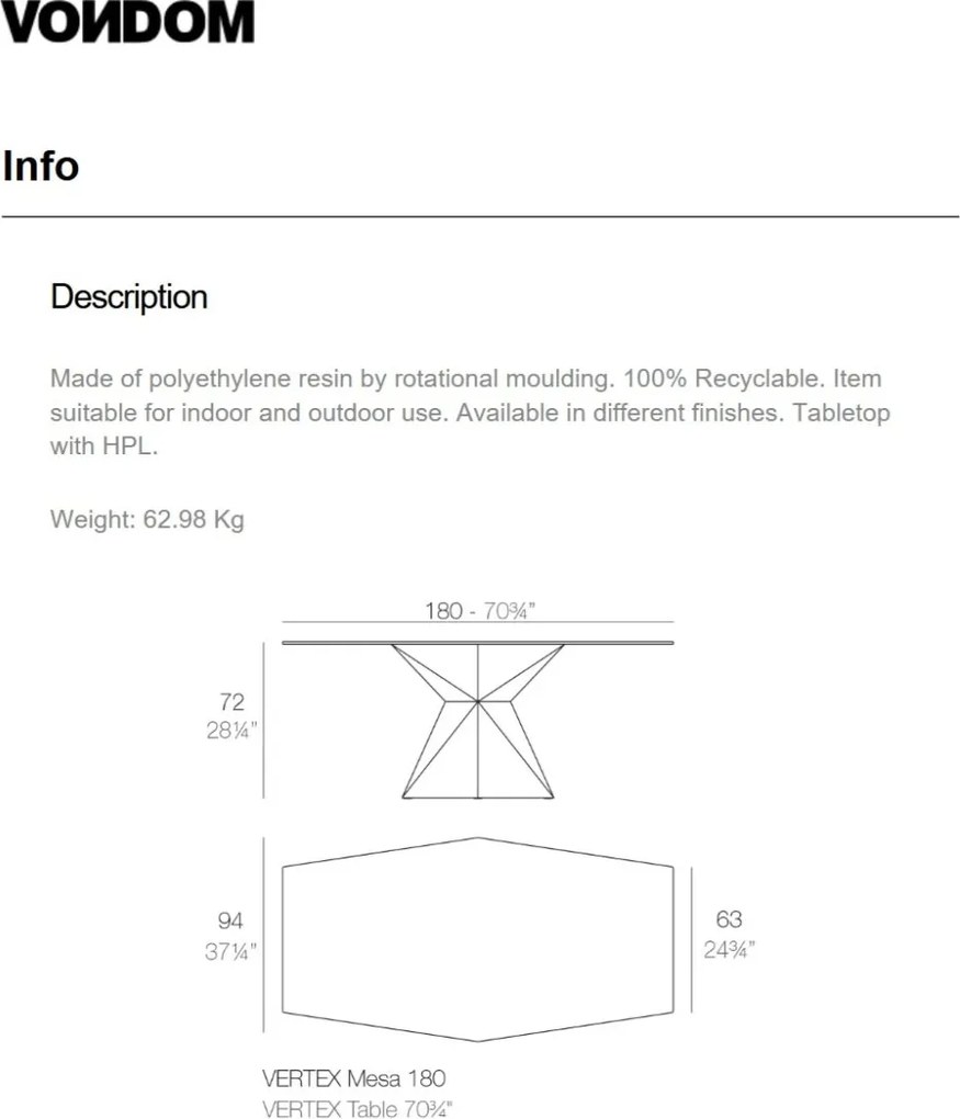 Masa dining de exterior / interior design ultra-modern premium 180x94cm VERTEX 51008 VONDOM