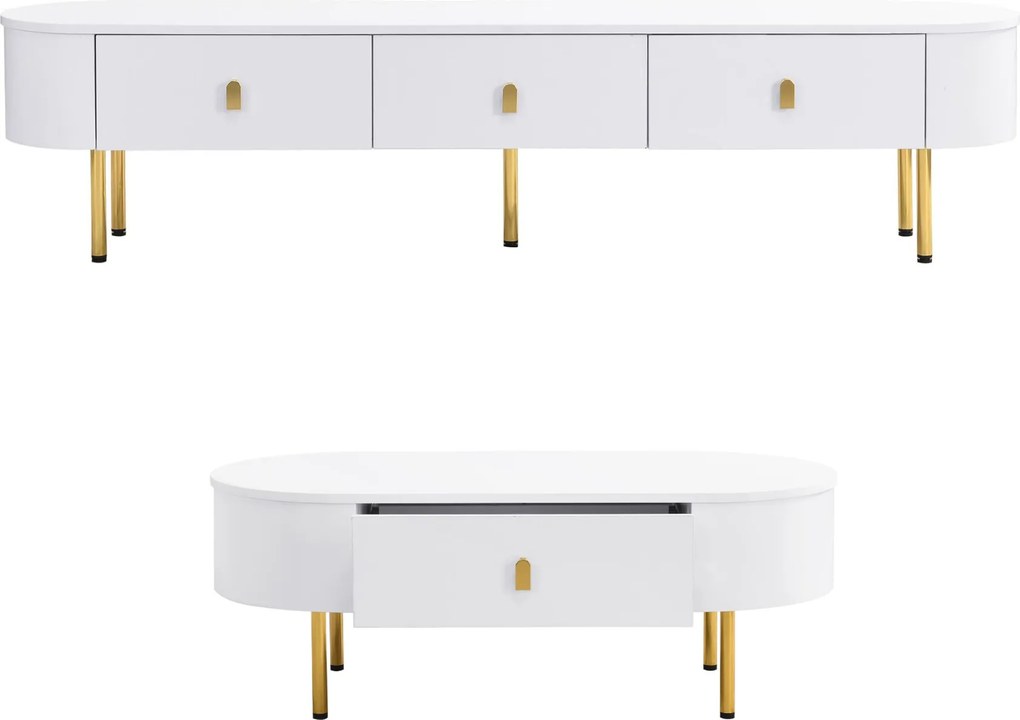 TV-dulap-masă de cafea-combinație, living-combinație cu sertare și colțuri rotunjite, Alb+Auriu