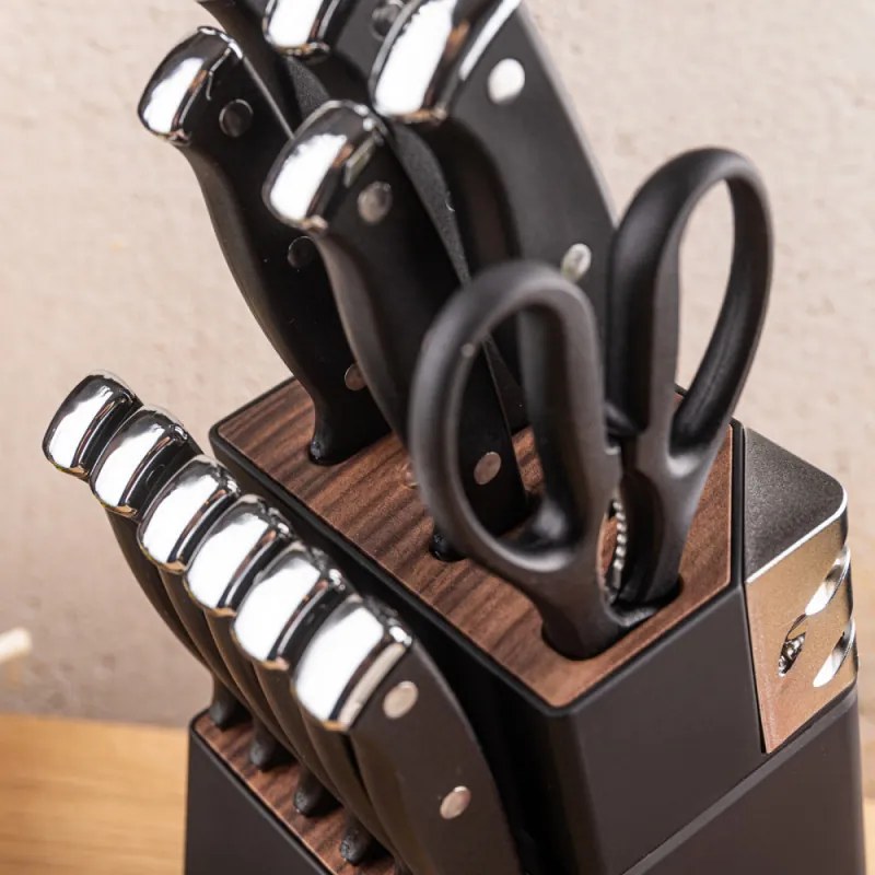 Set cuțite Klausberg KB 7985, 13 piese, Oțel inoxidabil, Mâner + ascuțitor, Negru