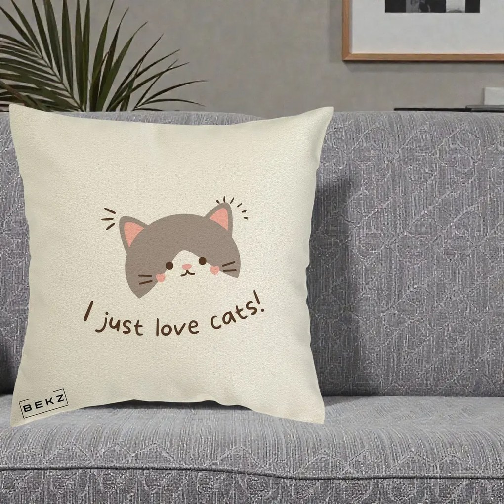 Perna Personalizata I Just Love Cats Pisica Kawaii, 40x40 cm, Ecru, Husa Detasabila, Perna Inclusa, BEKZ®