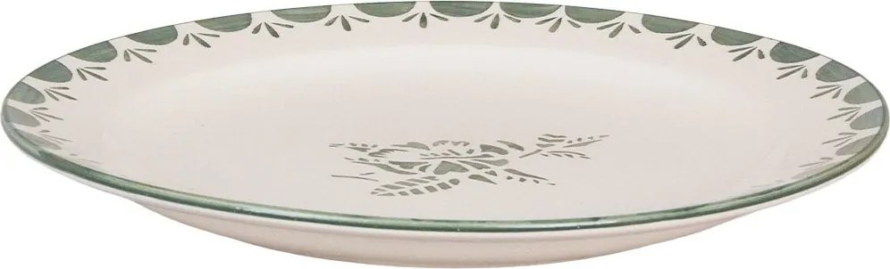 Farfurie din ceramică artizanală, natur, cu motiv floral pictat manual în verde și bordură decorativă, 26 cm, „Marion Flower"