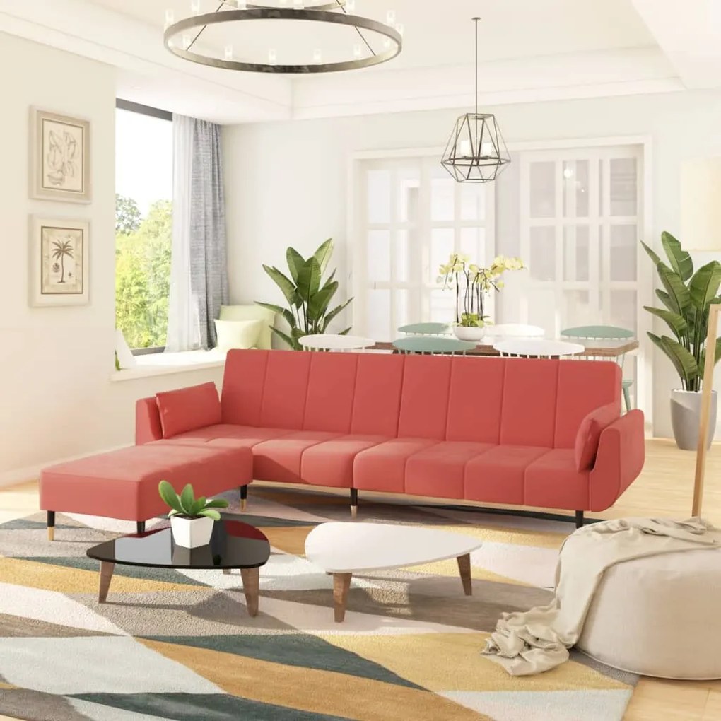 3081801 vidaXL Canapea extensibilă 2 loc.,taburet&2 perne,catifea,roz