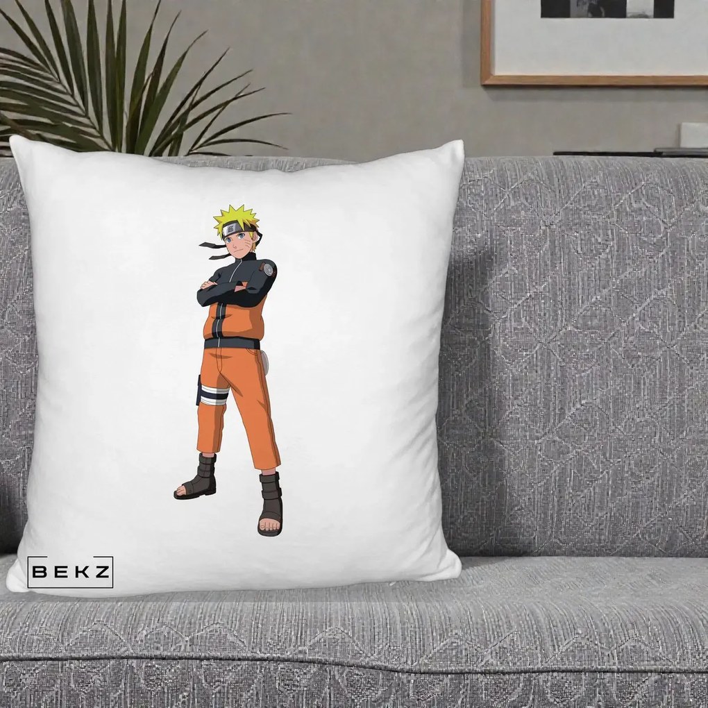 Perna Personalizata Naruto Uzumaki Portret Complet, 40x40 cm, Alb Pufos, Husa Detasabila, Perna Inclusa, BEKZ®