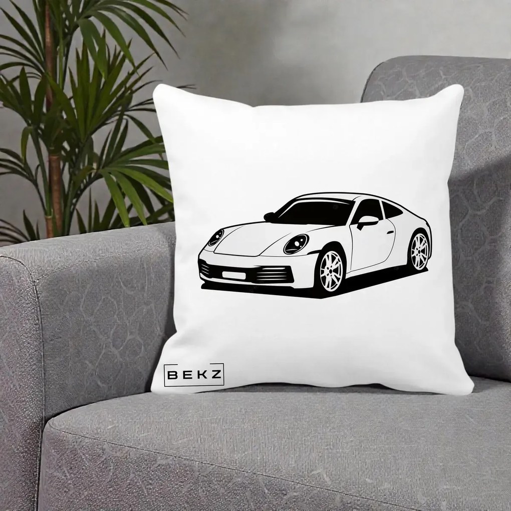 Perna Personalizata Porsche 911 Silueta, 40x40 cm, Alba Mata, Husa Detasabila, Perna Inclusa, BEKZ®