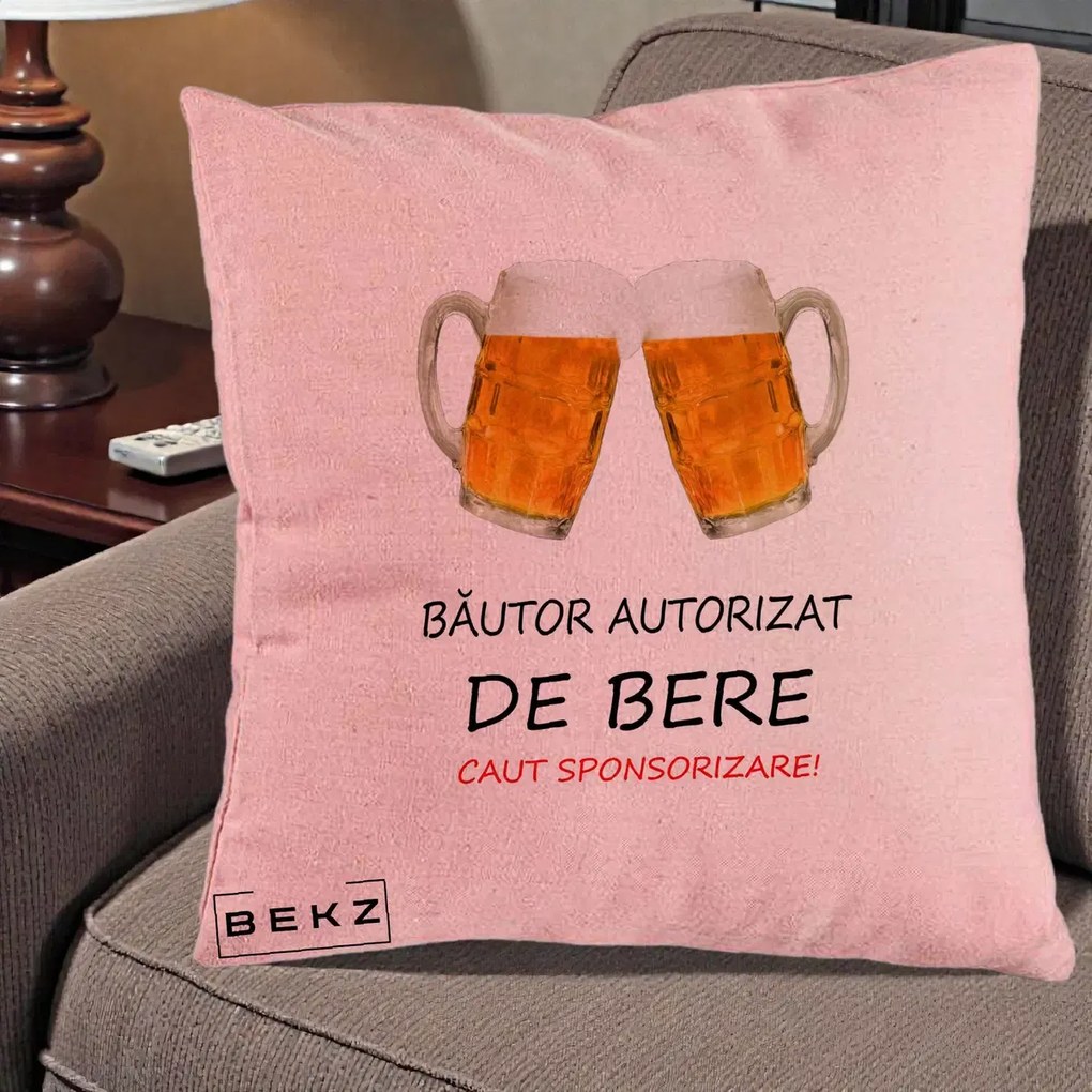 Perna Decorativa Bautor Autorizat de Bere, 40x40 cm, Roz, Husa Detasabila, Perna Inclusa, BEKZ®