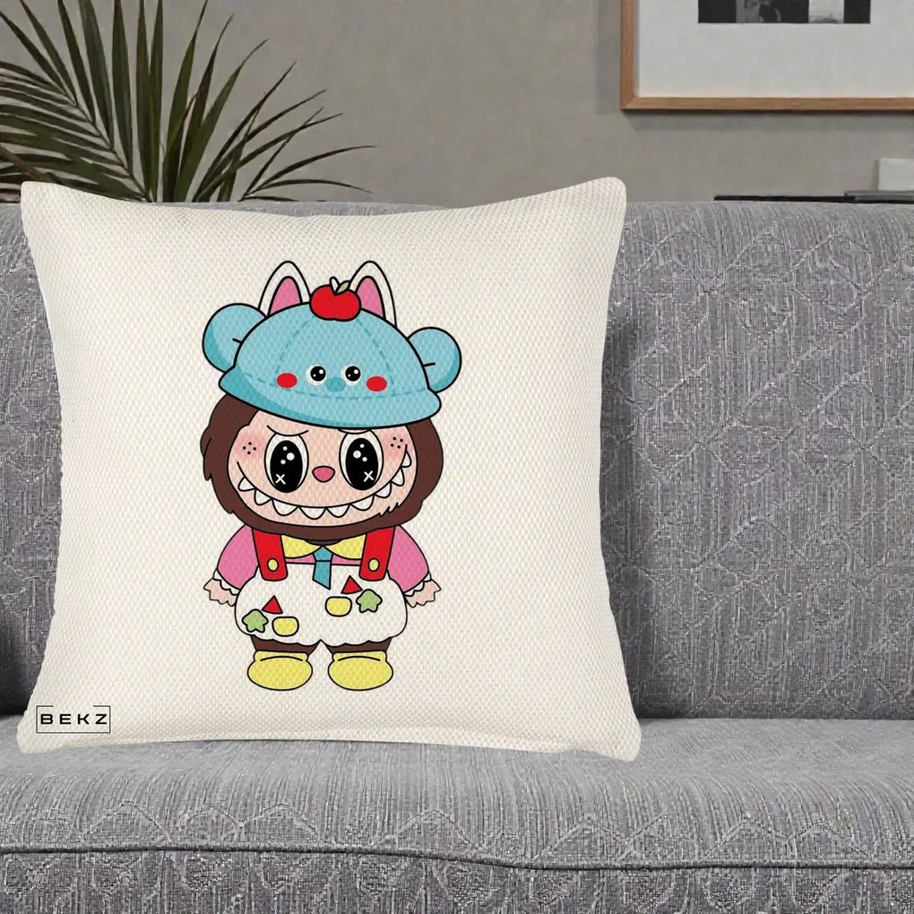 Perna Personalizata Labubu x Urs Albastru Colorat, 40x40 cm, Crem Reliefat, Husa Detasabila, Perna Inclusa, BEKZ®