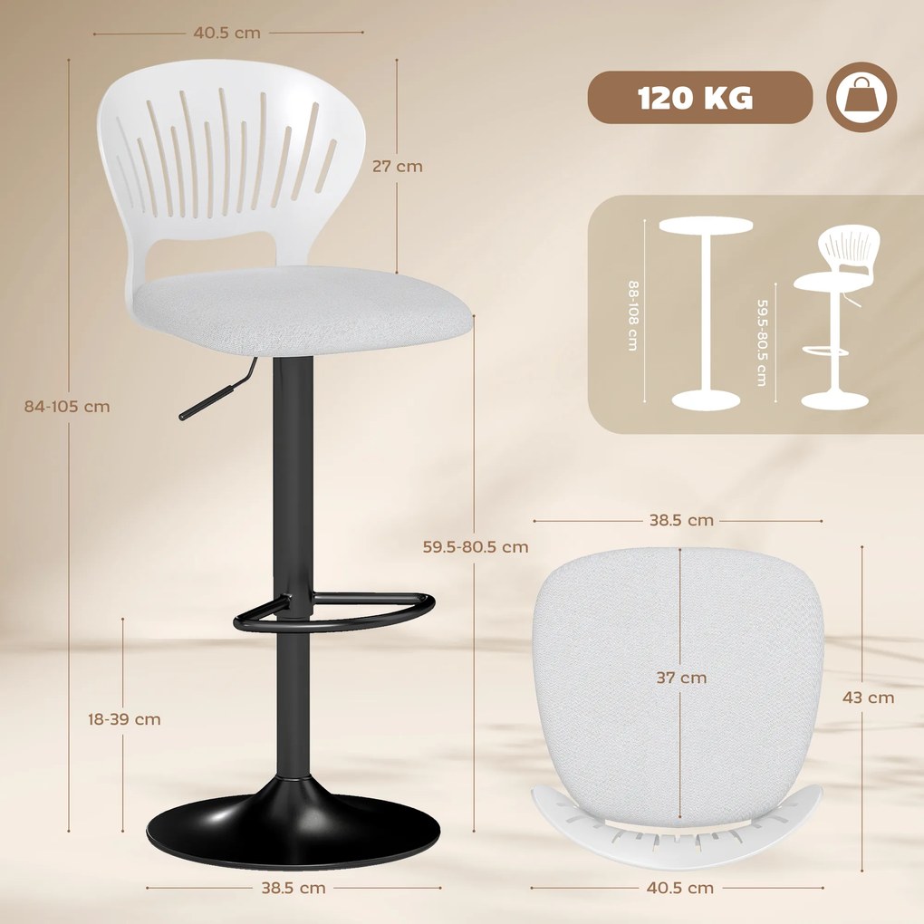 HOMCOM Set de 2 taburete de bar rotative 360°, reglabile 84-105 cm, spătar gol, suport picioare, alb | Aosom Romania