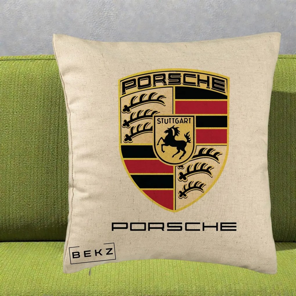 Perna Personalizata Porsche Stuttgart, 40x40 cm, Bej, Husa Detasabila, Perna Inclusa, BEKZ®