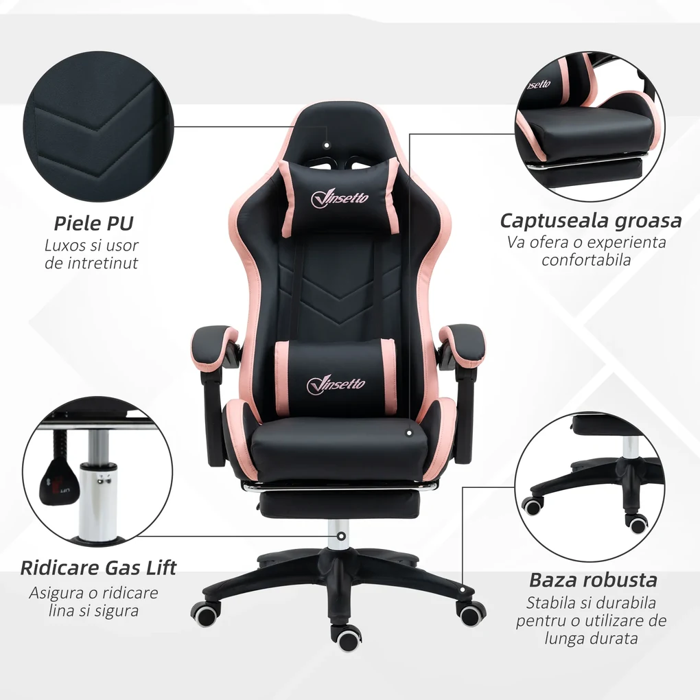 Scaun de Gaming Premium, Piele Ecologică PU, Oțel, Înălțime Ajustabilă, Spătar Inclinabil, 65x65x121-129 cm, Roz și Negru | Aosom Romania