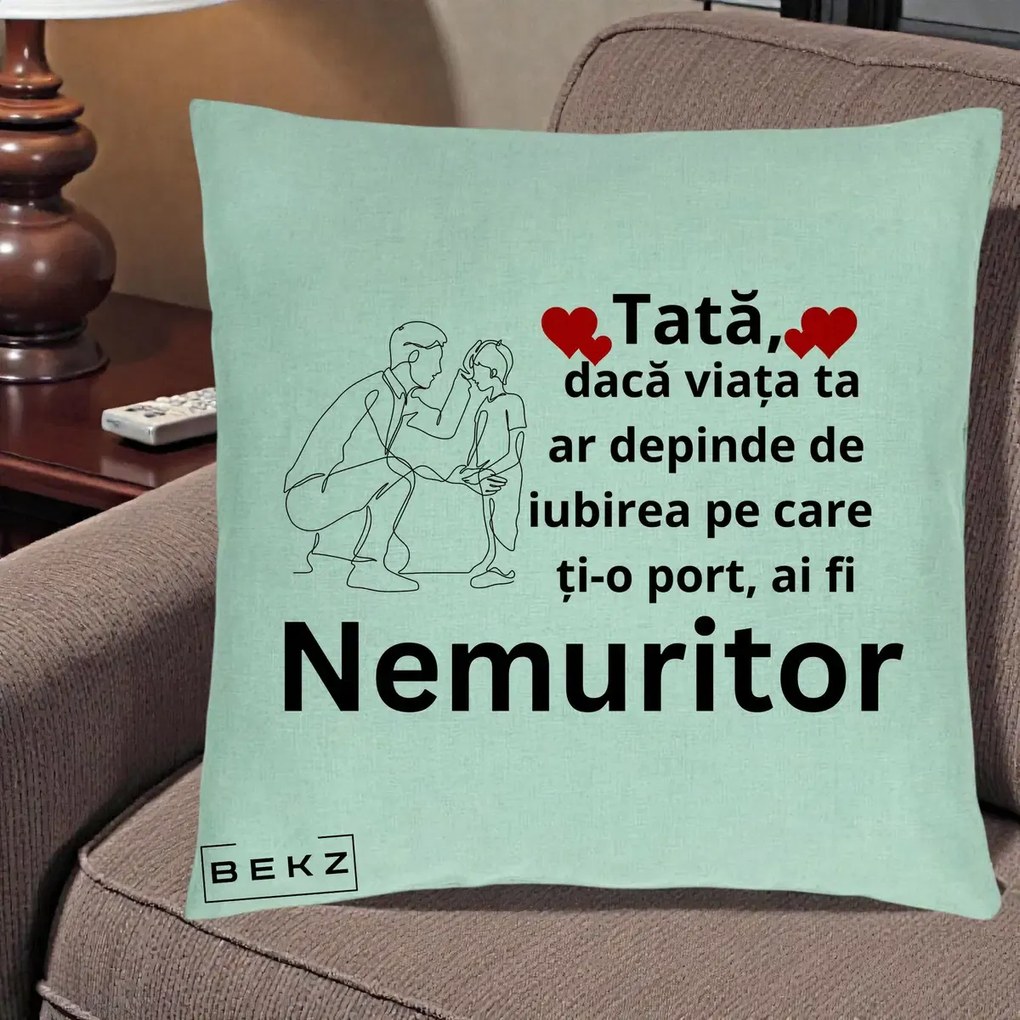 Cadou pentru Tata - Perna Personalizata Tata Nemuritor Baietel, 40x40 cm, Verde Menta, Husa Detasabila, Perna Inclusa, BEKZ®