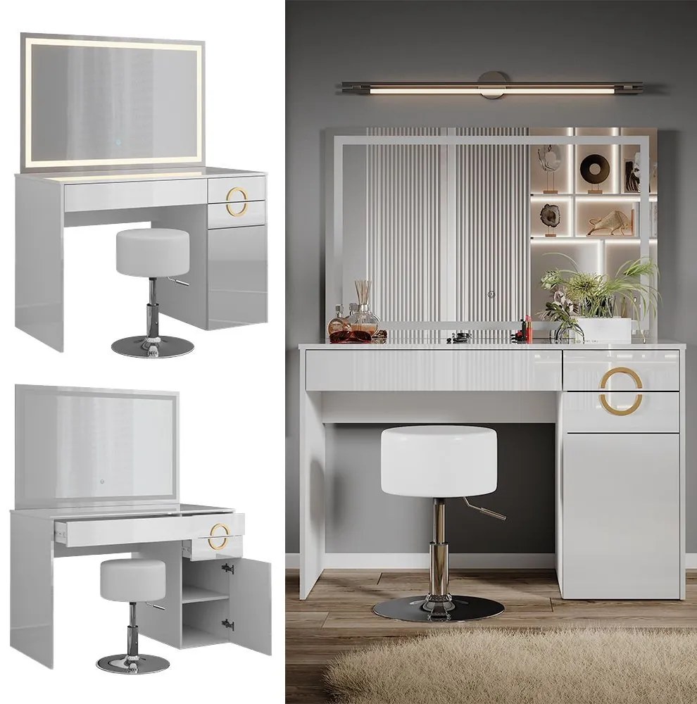 SEA442 - Set Masa toaleta, 115 cm, cosmetica machiaj, oglinda LED, masuta vanity cu sau fara scaun - Alb Lucios