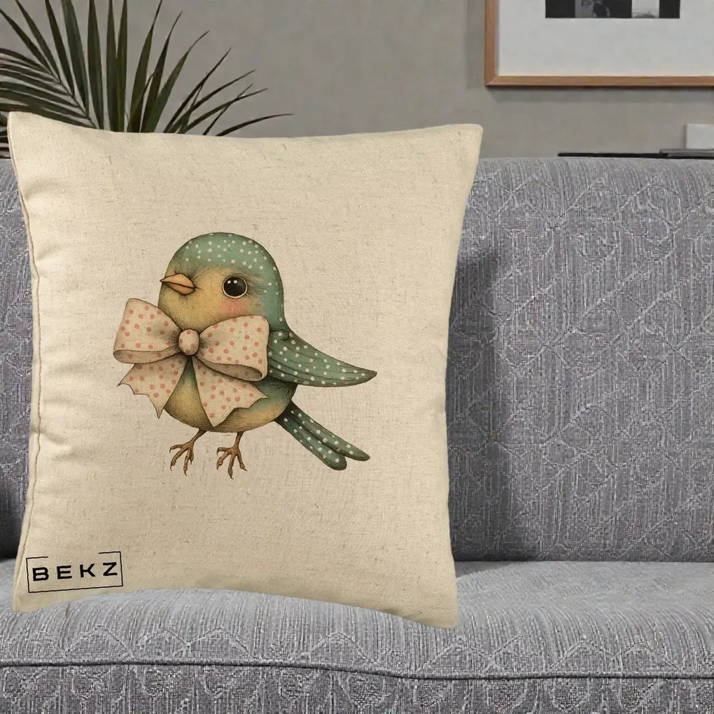 Perna Decorativa Pasare Teal cu Fundita cu Buline, 40x40 cm, Bej, Husa Detasabila, Perna Inclusa, BEKZ®