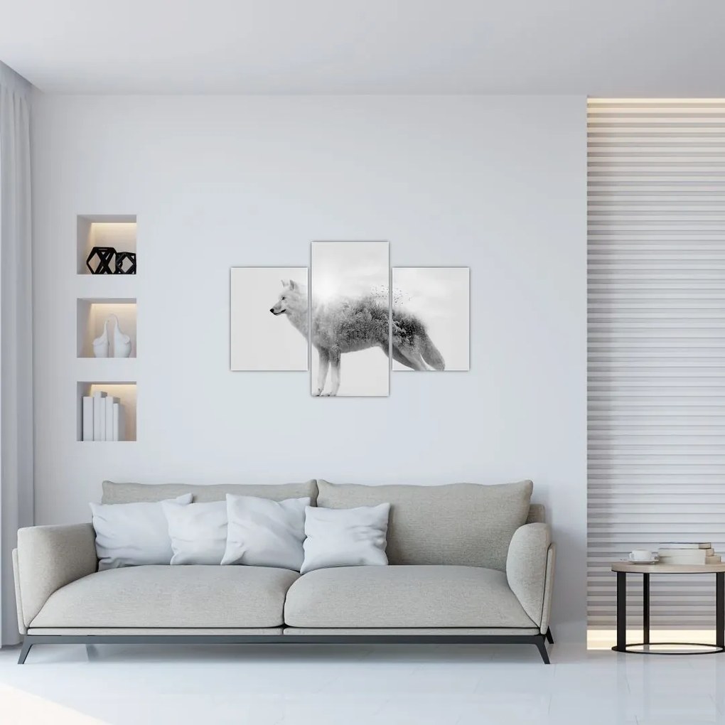 Tablou - Lupul arctic oglindit în peisajul sălbatic, alb-negru (90x60 cm)