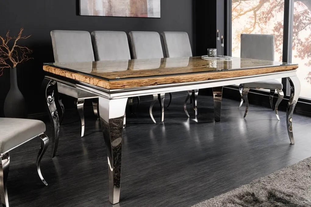 Masa dining, Lemn de Tec, Sticla, Otel Crom, MODERN BAROCK BARRACUDA 200cm