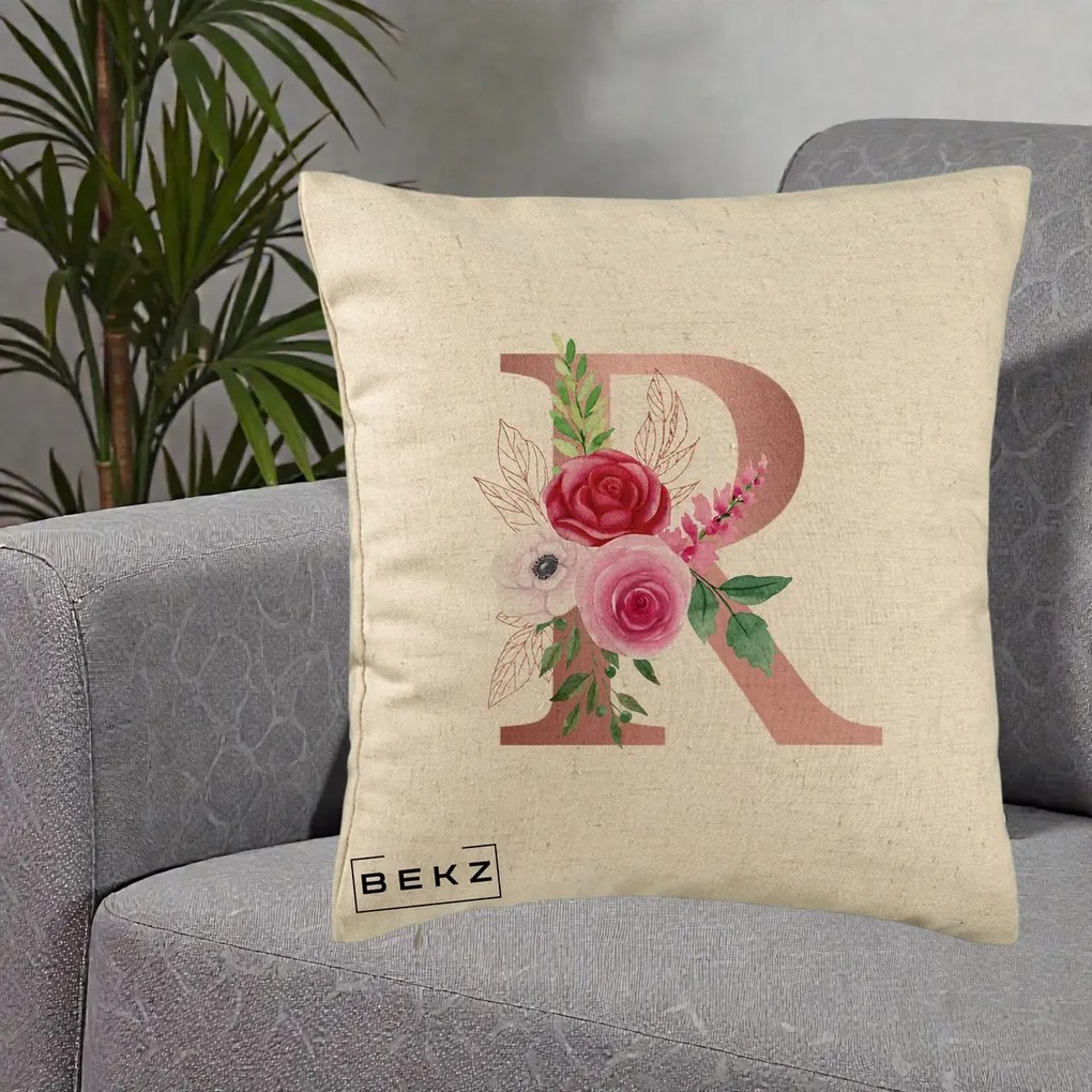 Cadou Personalizat - Perna Personalizata Monograma Rose Gold Litera R, 40x40 cm, Bej, Husa Detasabila, Perna Inclusa, BEKZ®