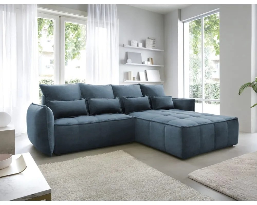 Colțar albastru extensibil/cu spațiu de depozitare cu tapițerie din catifea (cu colț pe partea dreaptă/cu șezlong) Campo – ELTAP