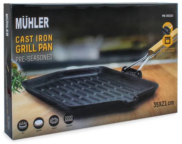 Tigaie grill Muhler Tika MR-3521CI, 35x21 cm, Fonta, Maner din lemn pliabil, Inductie, Negru