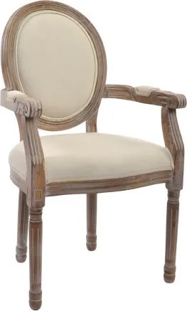 Scaun cu brațe dining din lemn sculptat tapițat cu stofă bej, 56×48×96 cm, „Elysée"