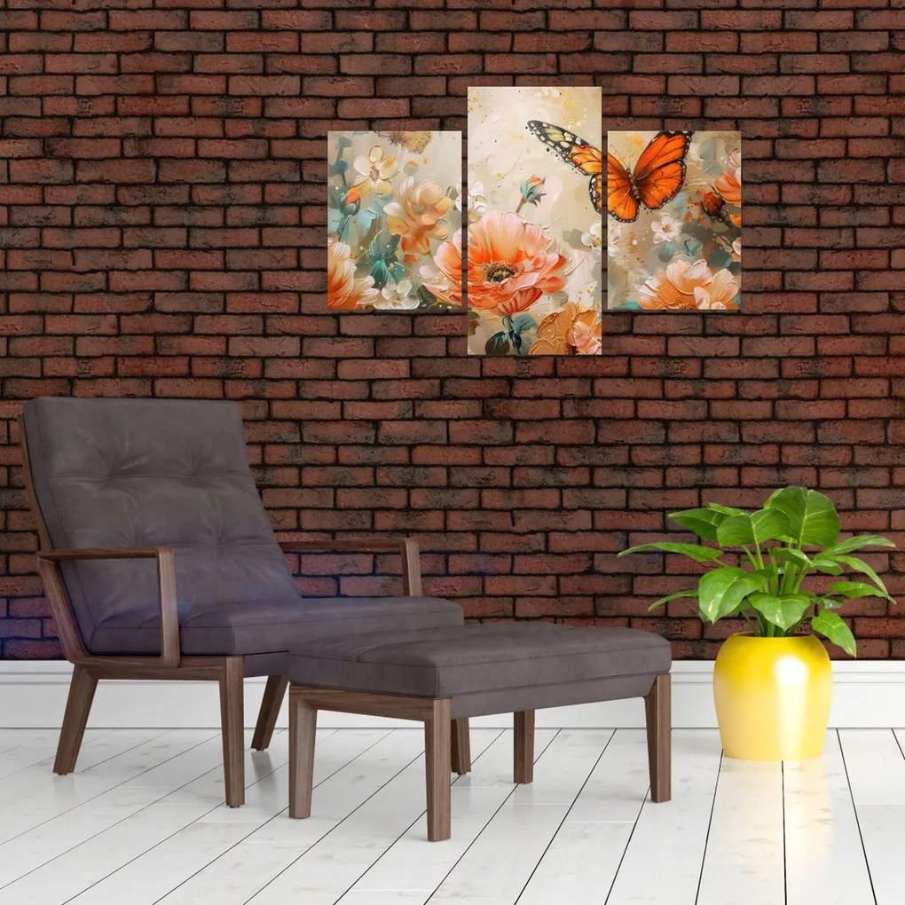 Tablou - Fluture și flori, pictură în ulei (90x60 cm)