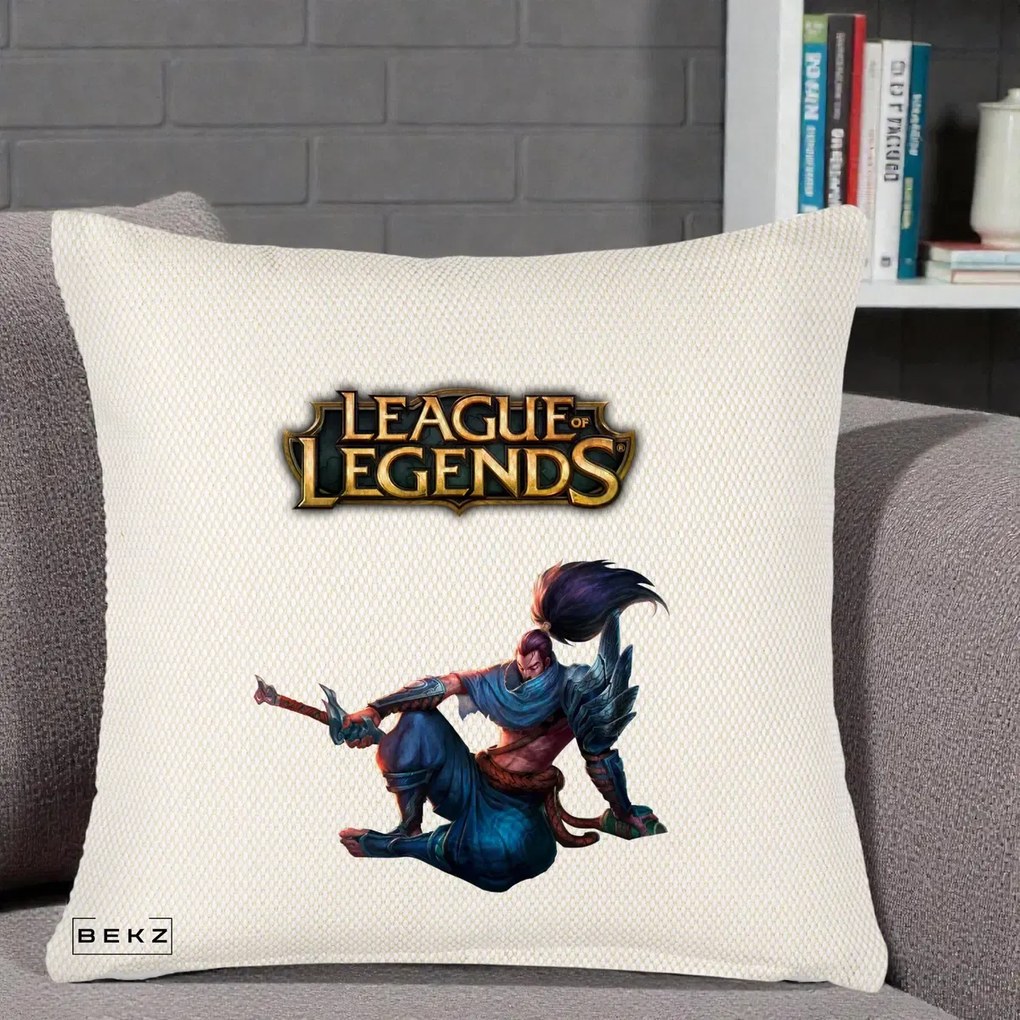 Perna Personalizata League of Legends Yasuo, 40x40 cm, Crem Reliefat, Husa Detasabila, Perna Inclusa, BEKZ®