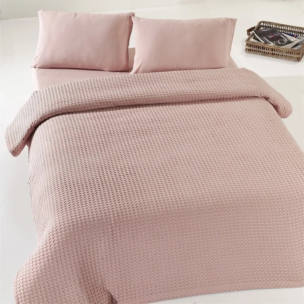 Cuvertură subțire de pat din bumbac Eponj Home Dusty Rose Pique, 190 x 225 cm, bej - roz