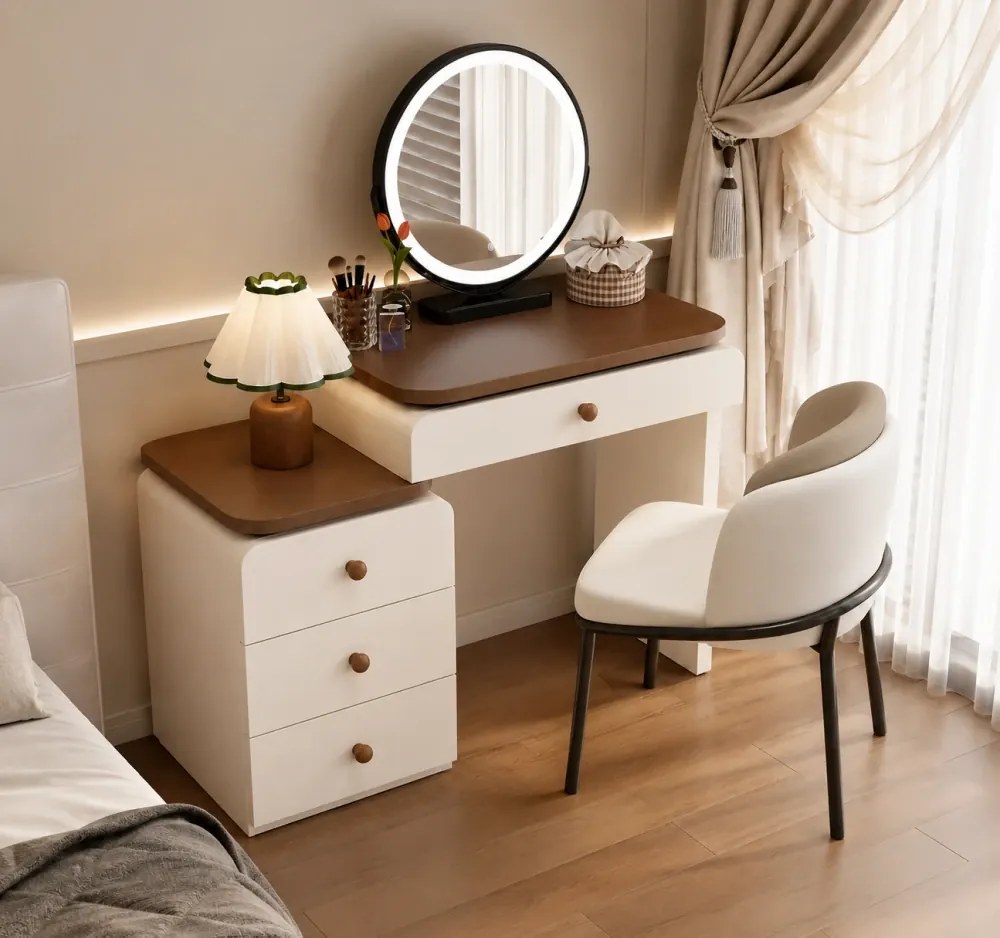 Set VERONA – Masă de Toaletă pentru Machiaj, Oglindă Iluminată LED, Control Touch, trei tipuri culoare, scaun, 80 cm