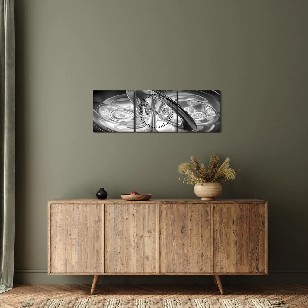 Tablou cu abstracțiune modernă în gri (cu ceas) (90x30 cm)