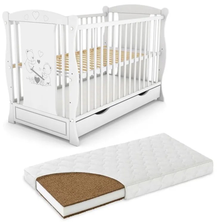 Patut din lemn masiv 2 in 1 Maya alb cu sertar, include saltea cocos de 12 cm