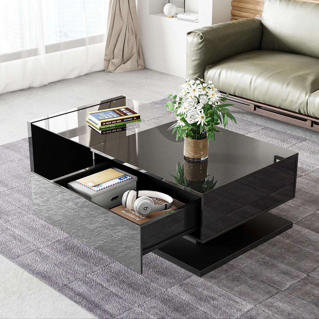 Măsuță de Cafea Modernă cu Raft din Sticlă și Efecte LED, 105x55x32,5 cm, Negru