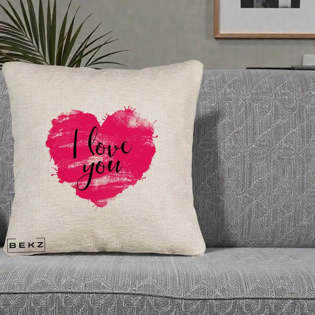Cadou Romantic - Perna Personalizata I Love You Inima Roz, 40x40 cm, Bej Canapea, Husa Detasabila, Perna Inclusa, BEKZ®