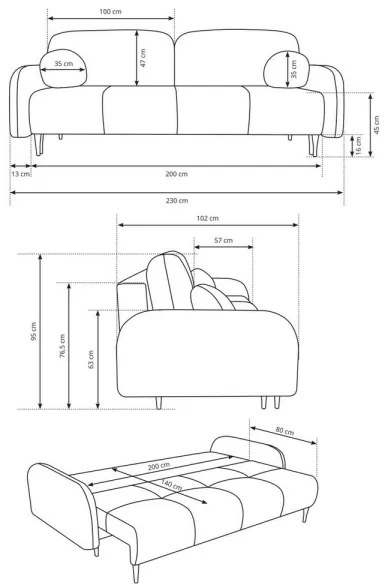 Canapea extensibilă tapițată CLOUDY, 3 locuri, albastră