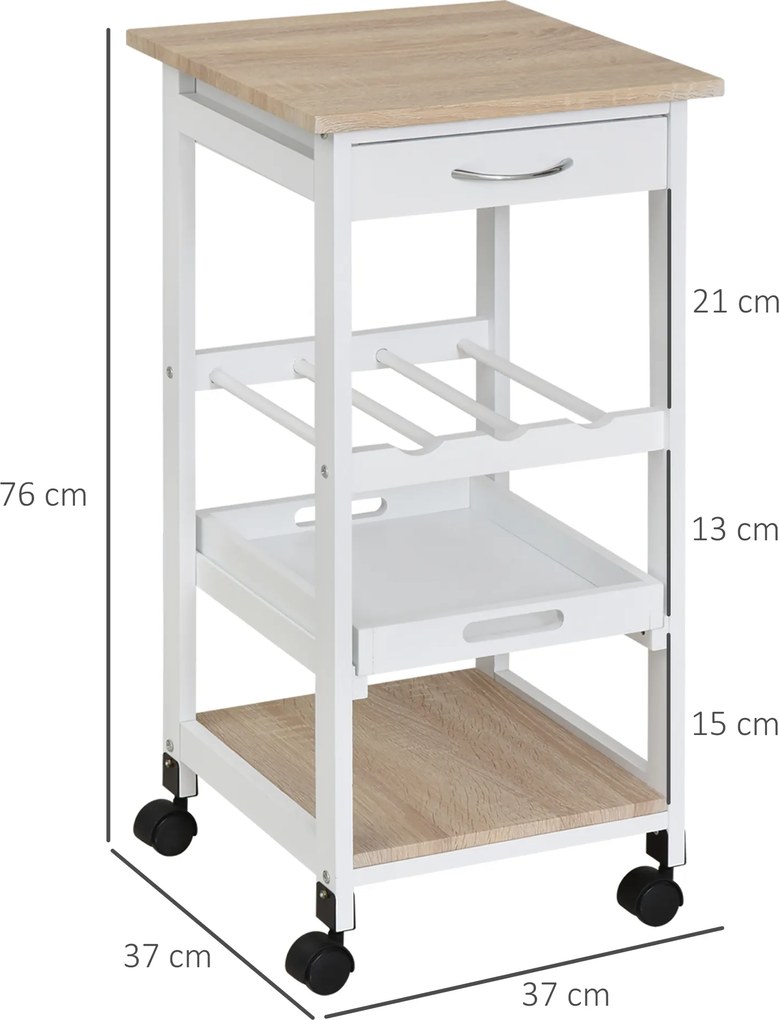HOMCOM Serviciu de servire dulap de bucătărie cu rotile 2 rafturi, tavă detașabilă, sertar lemn de pin alb stejar luminos | Aosom Romania
